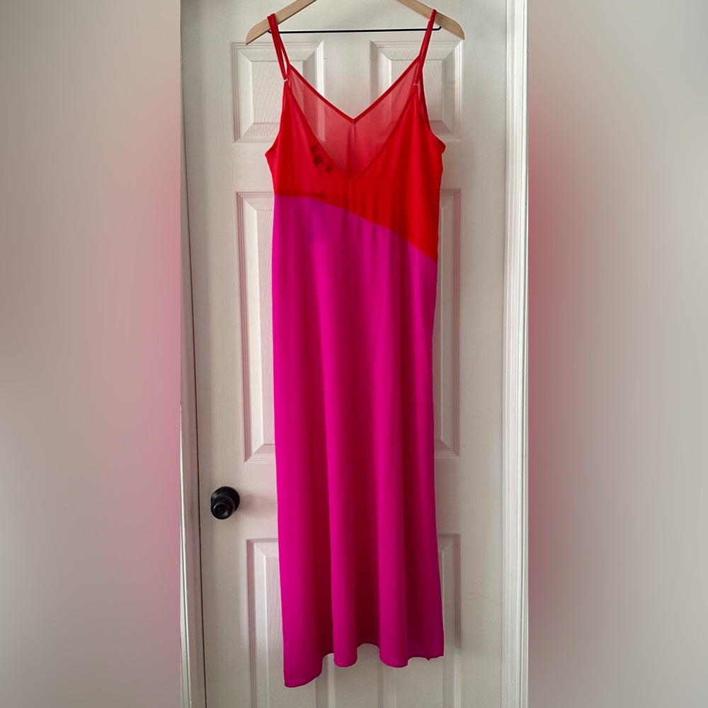 NWT Lulus Resortwear Bright Magenta Sheer Maxi Slip Dress Cover-Up Size Medium - Picture 3 of 15